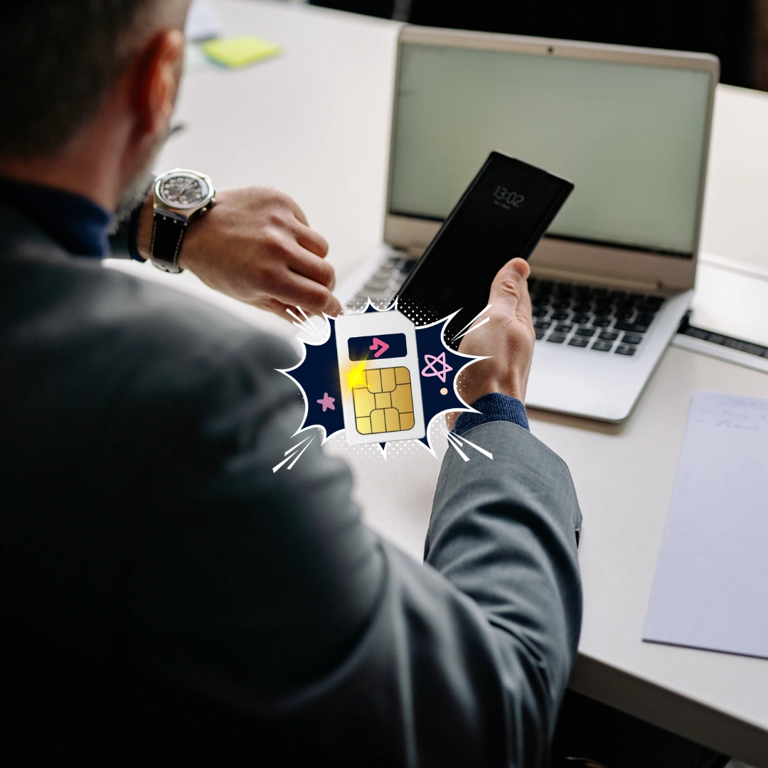 Small business owner using a smartphone with an eSIM to manage business and personal lines